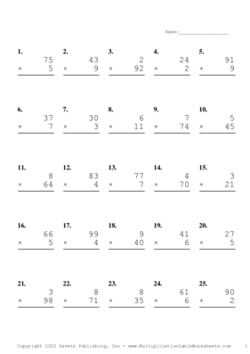 Two by One Digit Problem Set X Multiplication Worksheet