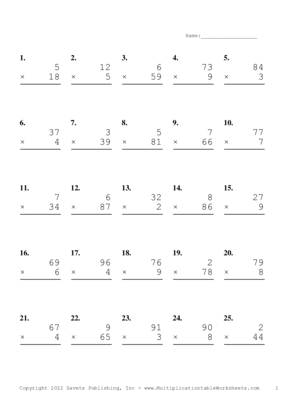 Two by One Digit Problem Set Y Multiplication Worksheet