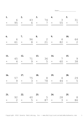 Two by One Digit Problem Set Z Multiplication Worksheet